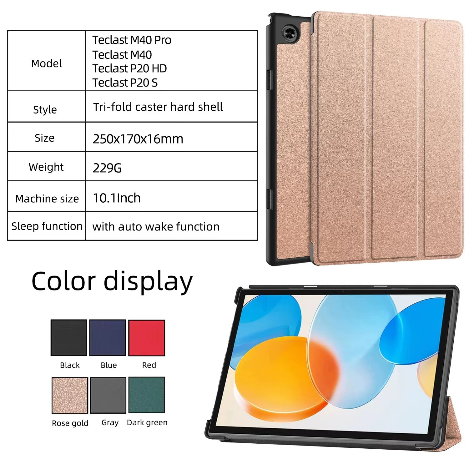 Case for 10.1-inch Teclast M40 Pro/M40/P20HD/P20S/M40S Table, Flip Folio Tri-fold Portable Ultra Slim Anti-drop Protective Cases with Stand