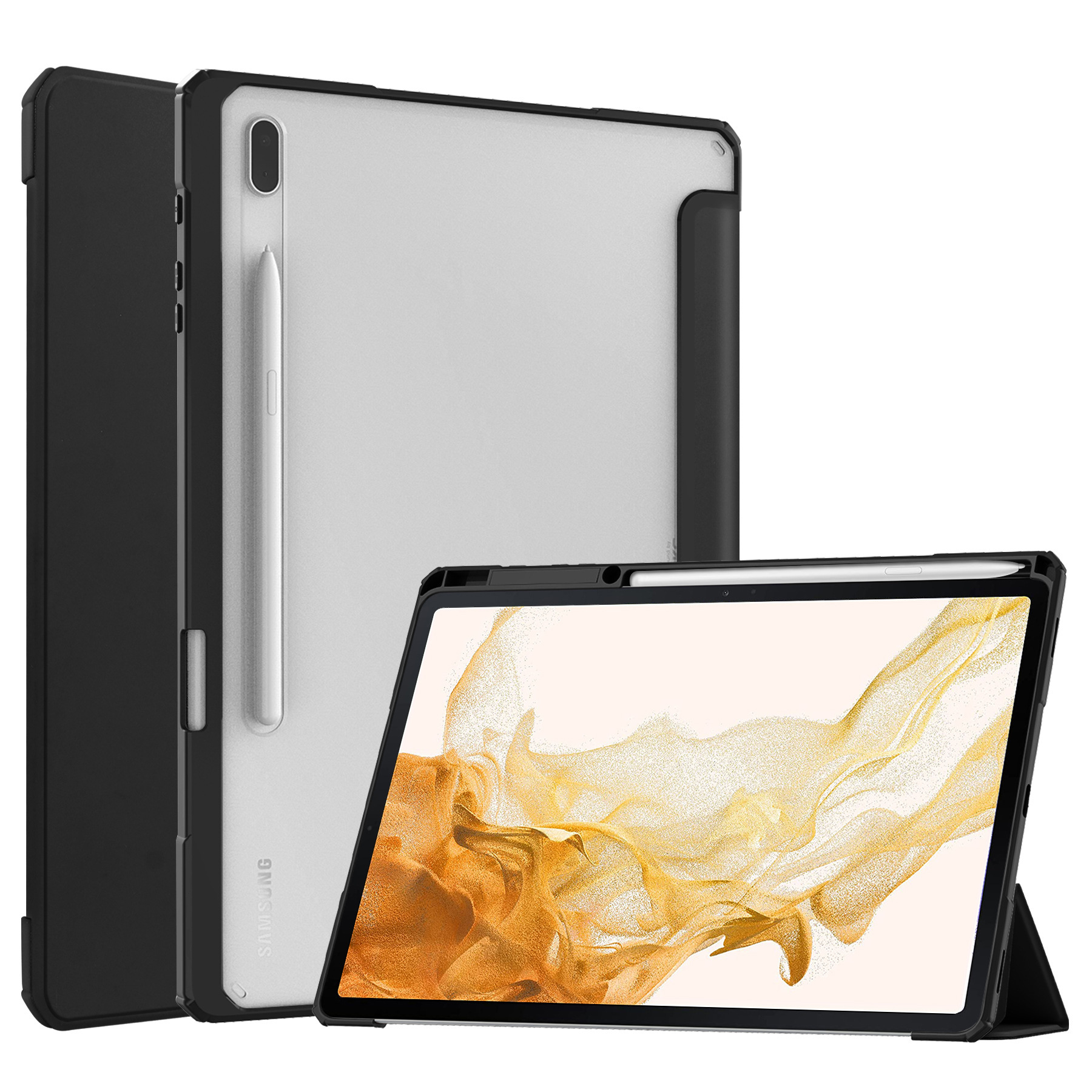 For Samsung Galaxy Tab S8 Plus/S7 FE/S7 Plus Case, Tri-fold Flip Ultra Slim Portable Leather Protective Sleeve